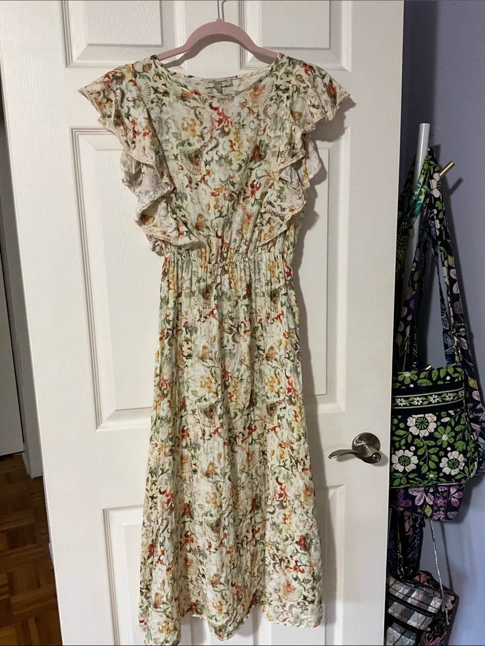 79. Floral Ruffle Midi Dress in Cream with Orange & Green Accents